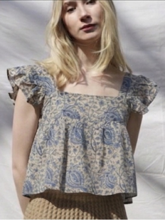Matta Tops - MATTA $175 • 18” PTP • Blue Floral Boho Square Neckline Ruffle Sleeve Top